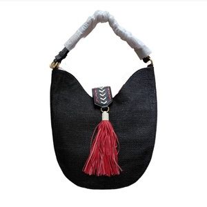 Badgley mischka large leather & straw tote bag